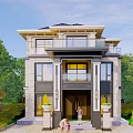 Modern Detached Villa Exterior With Stone Facade Balcony And Lush Greenery