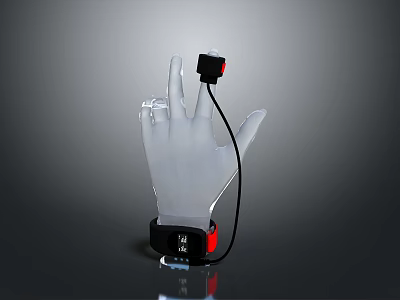 Transparent Glove Device With Black Sensor On Finger Black Red Wrist Strap And Connecting Cable 3d model