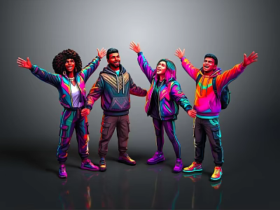 Four People In Colorful Neon Outfits With Arms Outstretched On Reflective Floor Gray Background 3d model