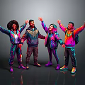 Four People In Colorful Neon Outfits With Arms Outstretched On Reflective Floor Gray Background