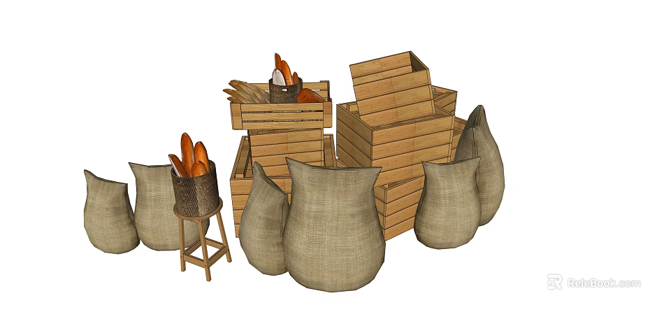Rustic Storage Baskets With Wooden Crates And Burlap Sacks For Bread Storage 3d model