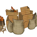 Rustic Storage Baskets With Wooden Crates And Burlap Sacks For Bread Storage 3d model