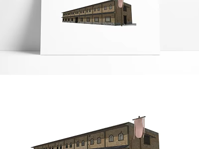 Historic Multi Story Brick Building Exterior With Arched Windows Banner And Classic Design 3d model