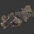Detailed Rocky Terrain Model Featuring Suspended Bridge and Vehicle Elements