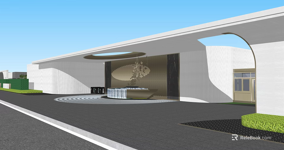 Modern Building Exterior Wall Design With White Curved Roof And Glass Entrance 3d model 