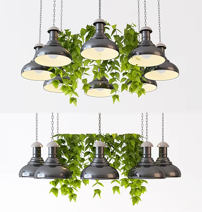 Black Pendant Chandeliers Decorated With Green Vines For Modern Interior Design 3d model