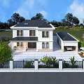 Spacious Detached Villa With White Exterior Black Roof And Lush Green Courtyard