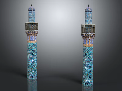 Two Ornate Towers Featuring Blue Green Geometric Patterns With Domed Tops And Decorative Balconies 3d model