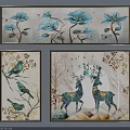Home Wall Art Plant Paintings Featuring Blue Flowers Birds Deer And Golden Leaves