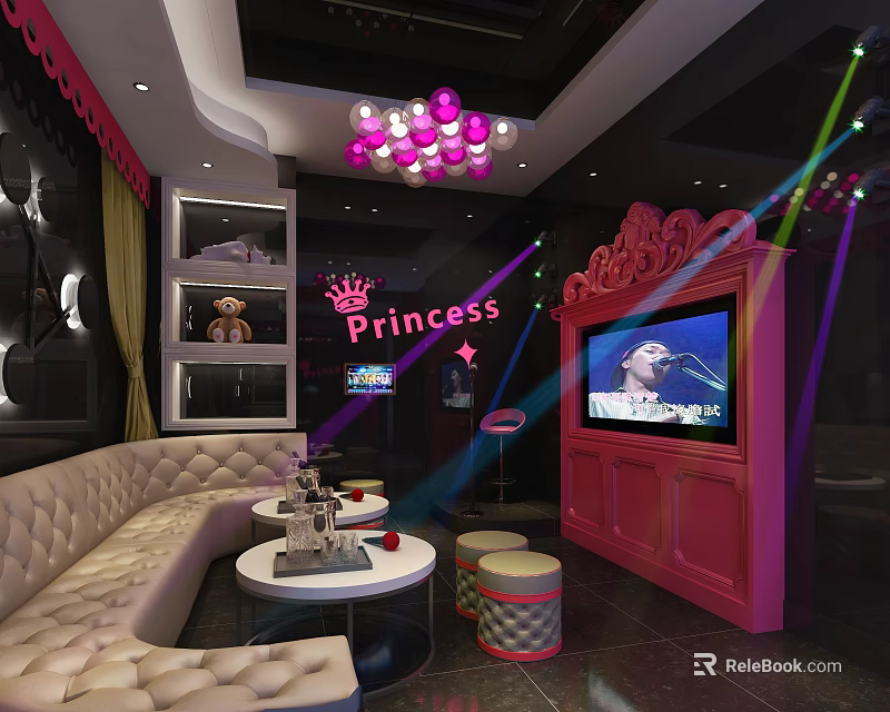 Princess Themed KTV Interior With Pink Decor Crown Logo Sofa And Singing Screen 3d model 