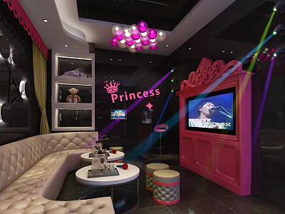 Princess Themed KTV Interior With Pink Decor Crown Logo Sofa And Singing Screen 3d model