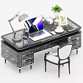 Elegant Desk With Marble Top Drawers Laptop Desk Lamp Green Plant And Chair