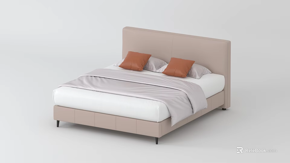 Modern Double Bed With Light Brown Headboard Orange Pillows And Gray Blanket 3d model