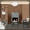 Modern Duplex Living Room Interior With Fireplace Chandelier Arched Window And Wooden Bookshelves