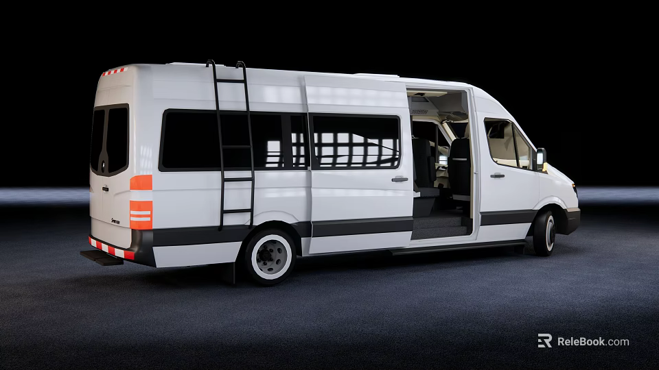 White Commercial Van With Open Rear Door Side Ladder Black Windows And Body Stripes 3d model 