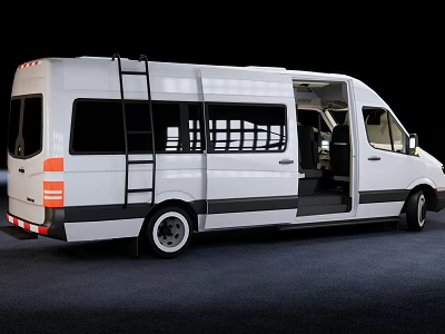 White Commercial Van With Open Rear Door Side Ladder Black Windows And Body Stripes 3d model