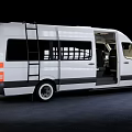 White Commercial Van With Open Rear Door Side Ladder Black Windows And Body Stripes