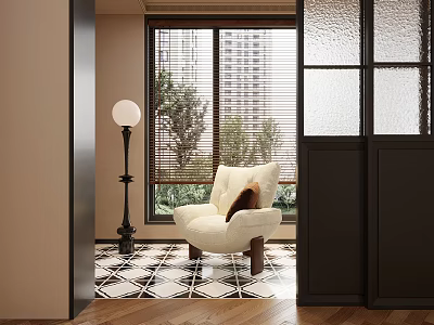 Cozy Home Balcony With White Armchair Floor Lamp Black White Tiled Floor And Trees View 3d model