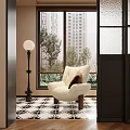 Cozy Home Balcony With White Armchair Floor Lamp Black White Tiled Floor And Trees View