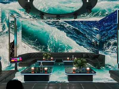 Ocean Themed KTV Room With Sofas And Illuminated Tables 3d model