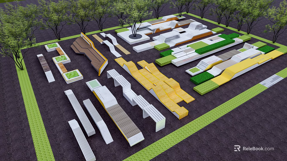 Modern Outdoor Chairs In Park Rest Area With Stylish Design And Green Landscaping 3d model 