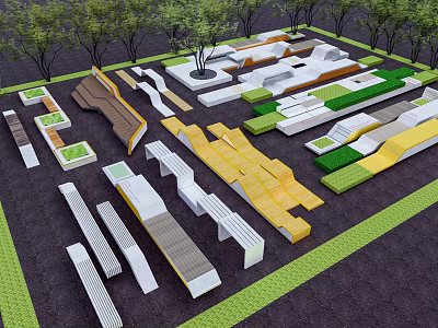 Modern Outdoor Chairs In Park Rest Area With Stylish Design And Green Landscaping 3d model