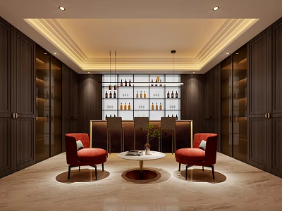 Modern Lounge Interior With Dark Wooden Cabinets Red Armchairs Round Coffee Table And Wine Rack 3d model