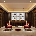 Modern Lounge Interior With Dark Wooden Cabinets Red Armchairs Round Coffee Table And Wine Rack