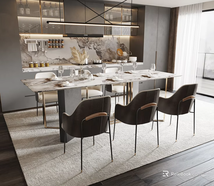 Modern Restaurant Interior With Long Marble Table Stylish Chairs And Decorative Lighting 3d model 
