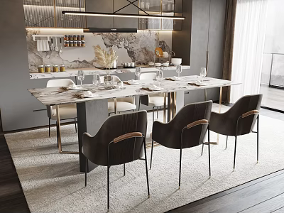 Modern Restaurant Interior With Long Marble Table Stylish Chairs And Decorative Lighting 3d model
