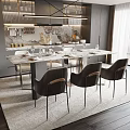 Modern Restaurant Interior With Long Marble Table Stylish Chairs And Decorative Lighting 3d model