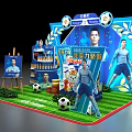 Soccer Themed Display Stand with Athlete Figure Products and Green Grass Background