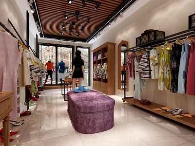 Fashionable Clothing Store Interior With Trendy Clothes On Racks Purple Ottoman And Wooden Shelves 3d model