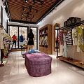 Fashionable Clothing Store Interior With Trendy Clothes On Racks Purple Ottoman And Wooden Shelves