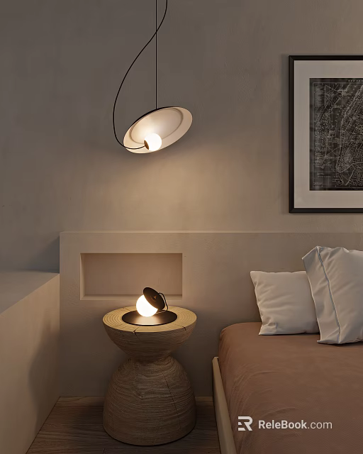 Modern Minimalist Bedroom Interior With Pendent Light And Table Lamp Combination 3d model