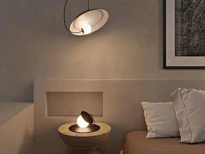 Modern Minimalist Bedroom Interior With Pendent Light And Table Lamp Combination 3d model