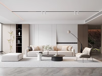 Modern Minimalist Living Room Interior With Beige Sofa Floor Lamp Coffee Table And Area Rug 3d model