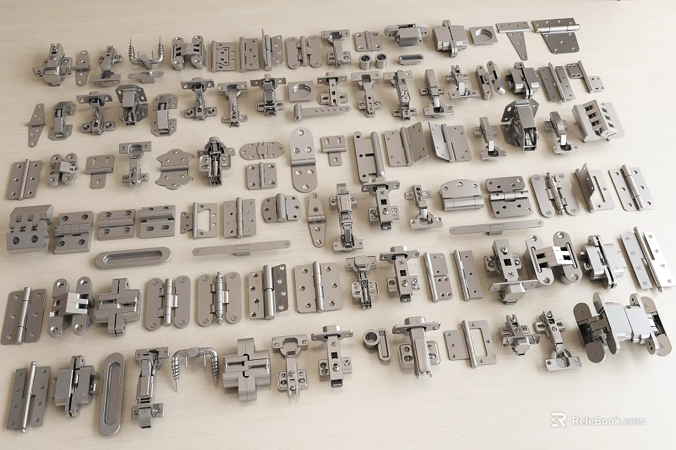 Various Metal Hardware Components Including Hinges Latches And Connectors Displayed On Wooden Surface 3d model 