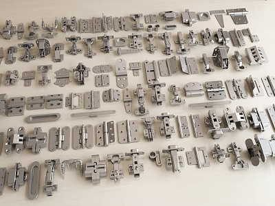 Various Metal Hardware Components Including Hinges Latches And Connectors Displayed On Wooden Surface 3d model