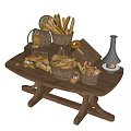 Sweet Shop Assorted Fresh Breads Displayed on Wooden Table with Woven Baskets 3d model