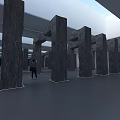 Symmetrical Gray Stone Pillars Art Installation With Person Interacting In Modern Gallery Space