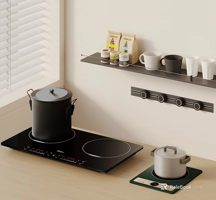 Electric Induction Cooktop on Kitchen Countertop with Black Pot Silver Pot and Wall Mounted Shelf 3d model 