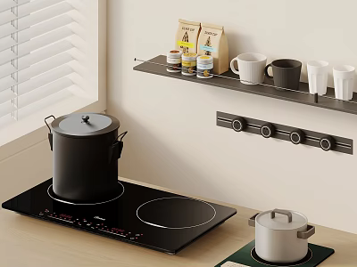 Electric Induction Cooktop on Kitchen Countertop with Black Pot Silver Pot and Wall Mounted Shelf 3d model
