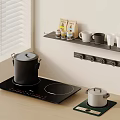 Electric Induction Cooktop on Kitchen Countertop with Black Pot Silver Pot and Wall Mounted Shelf