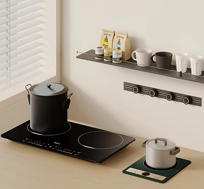 Electric Induction Cooktop on Kitchen Countertop with Black Pot Silver Pot and Wall Mounted Shelf 3d model