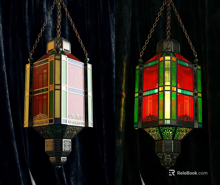 Decorative Stained Glass Lanterns with Colorful Geometric Patterns and Intricate Metal Frames Against Dark Background 3d model 