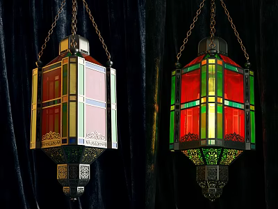 Decorative Stained Glass Lanterns with Colorful Geometric Patterns and Intricate Metal Frames Against Dark Background 3d model