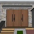 Wooden Double Entrance Door With Black Handles Stone Walls Tile Roof And Colored Steps