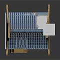 Cartoon Style Yellow Building Scene With Blue Roof Chimney And Striped Awning Windows Blue Door