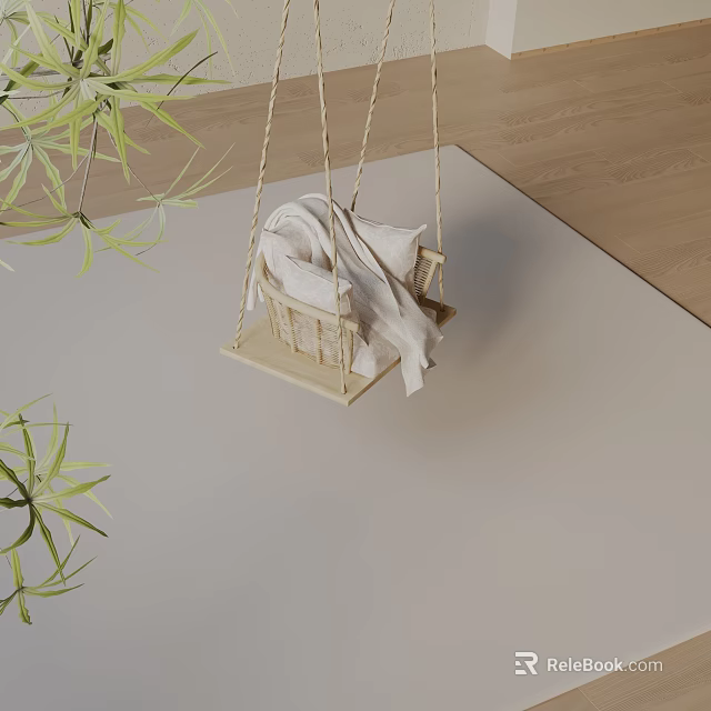 Suspended Wicker Leisure Swing Chair with White Blanket Pillow and Green Plants on Wooden Floor 3d model 